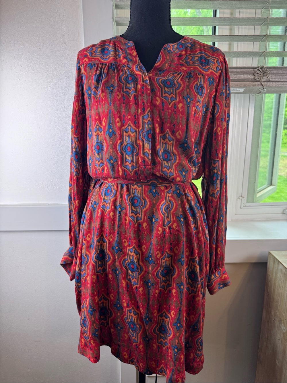 Red Patterned Long-Sleeve Women's Dress